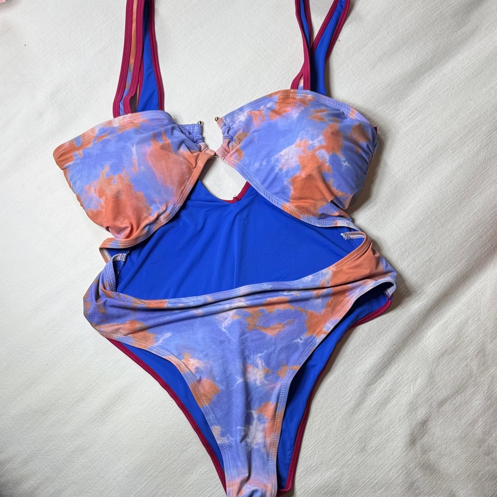 Tie‎ Dye Cutout One Piece Swimsuit Blue Purple Orange High Cut XL